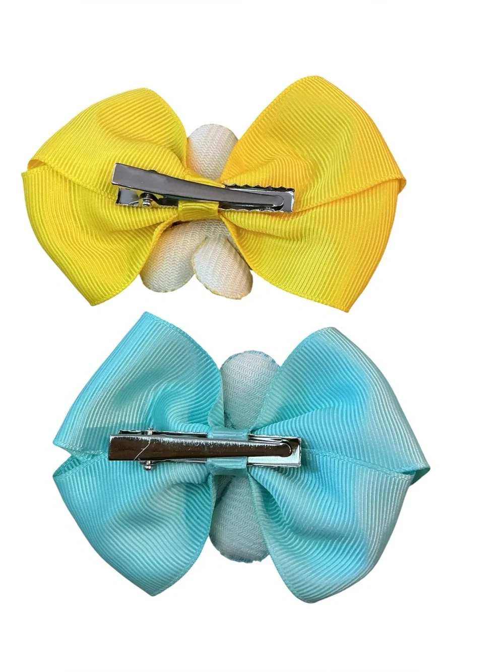 Yellow & Aqua Flower Bow Hair Clips Set of 2 New On Card